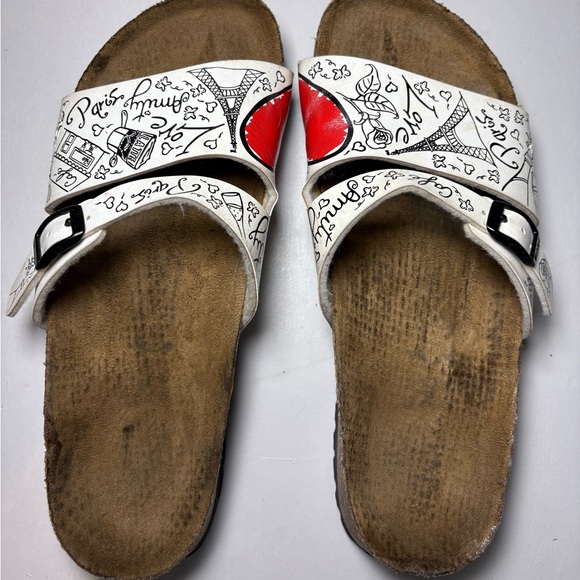 Birkenstock Shoes - Amity Paris Love & Cafe Graphic Slides | Adjusted Contoured Footbed Birkenstocks